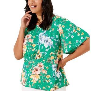 Loft Floral Peplum Top Round Neck Short Sleeves Green Women's Size 6